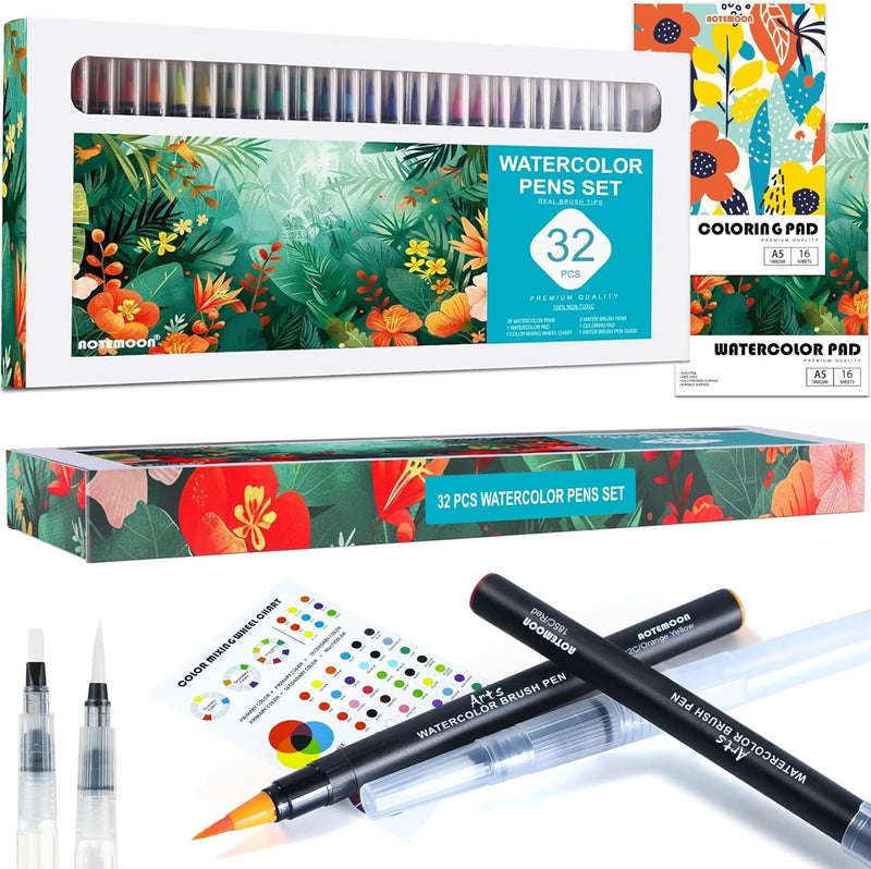 AOTEMOON 32 Watercolor Pens Set Includes 26 Vivid Colors, Real Brush Tips Paint Markers Set with 2 Blender Pens, Watercolor Pad and Coloring Pad, Art Supplies Gifts for Beginners Young Artists and Adults - Image 1